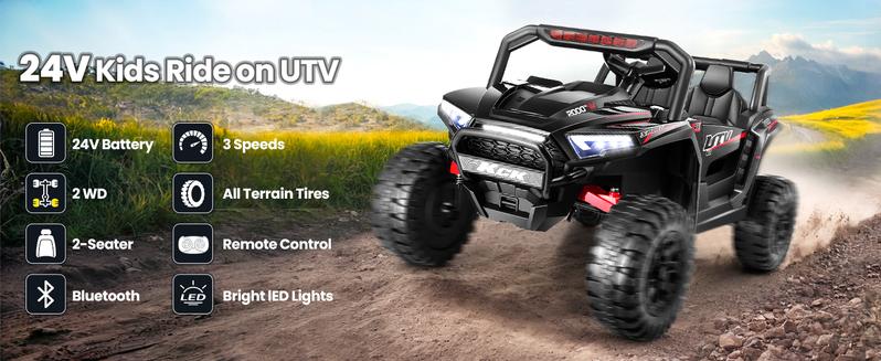 Hikole 24 Volt Ride on Toys for Boys&Girls, 2 Seater Ride on Car for Kids with Manual/Remote Control, 20'' Wide Seats, High/Slow Speeds, Music, Multi Functions Dashboard, Bluetooth/USB, Green