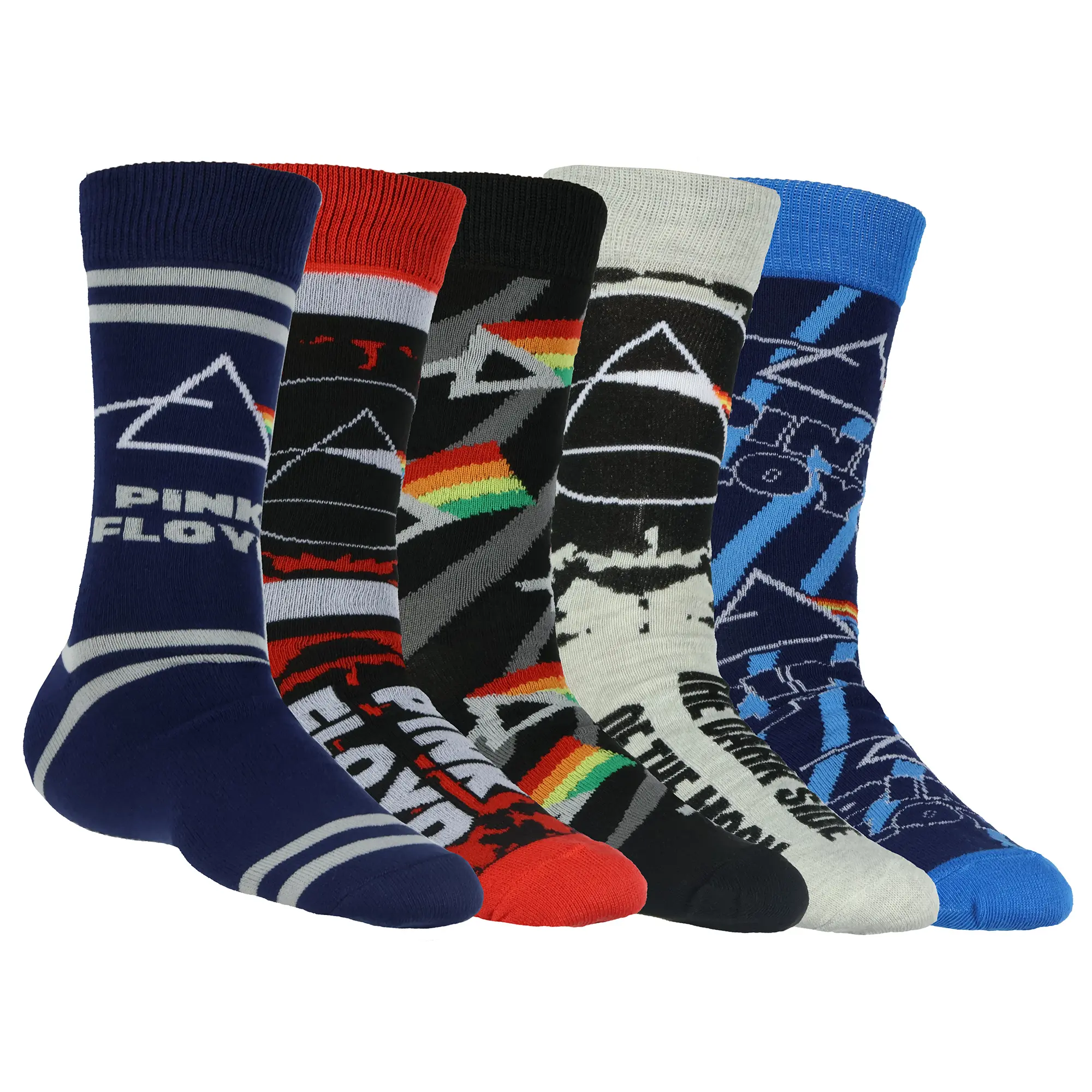 Men's Pink Floyd Menswear Crew Socks - 5-Pair Camo & Icon/Logo Prints, Soft Rock Band Casual Socks, Fits Shoe Size 10-13