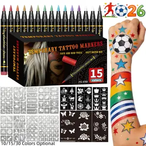 Temporary Tattoo Markers for Skin, 10/15/30-Count Body Markers 10/15/30 Colors Tattoo Pens, Tattoo Stencils,Flexible Brush Tip, Bright colors, Glitter Beauty, Face Paint Kit Cosmetic Quality,Halloween makeup