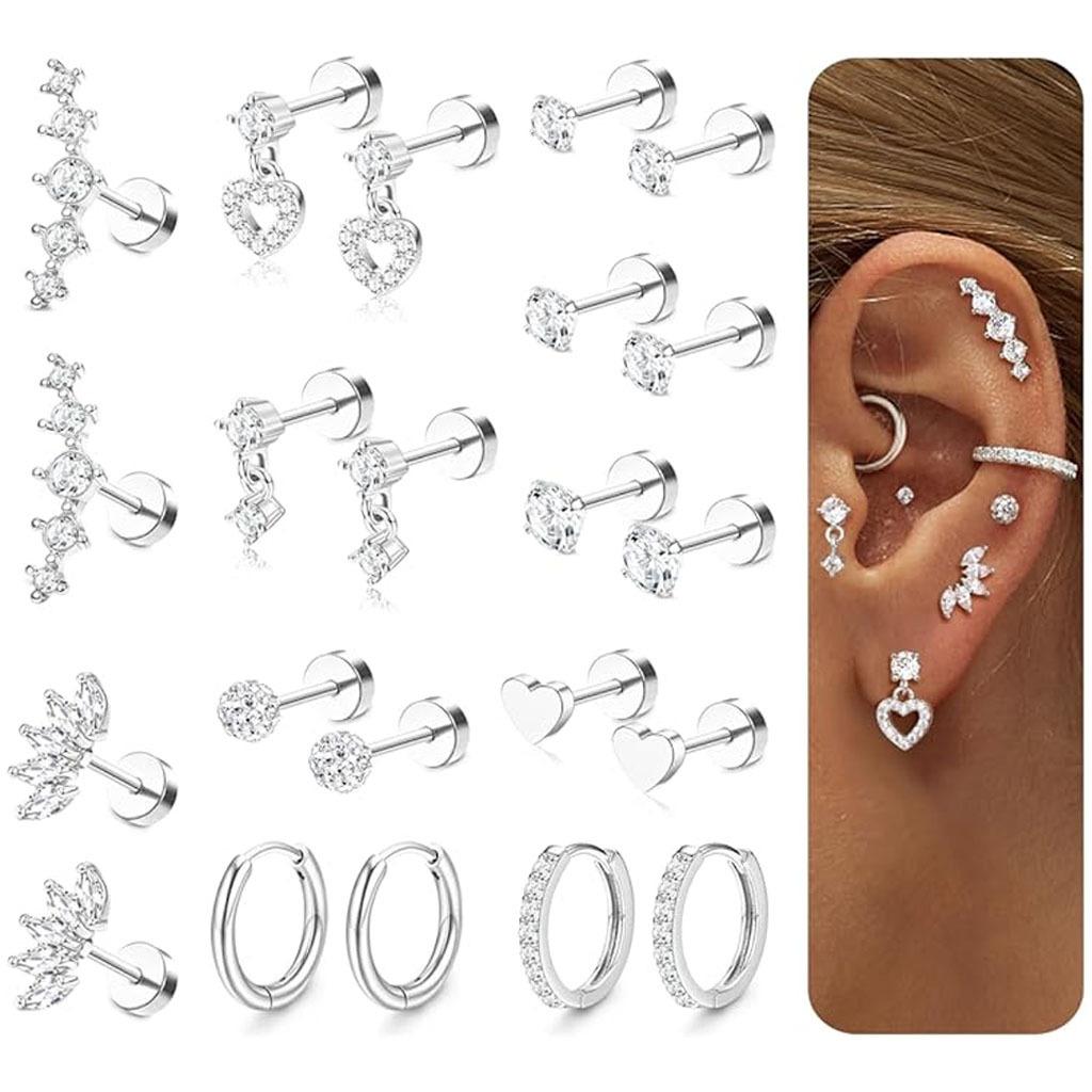 Flat Back Earrings Set - 11 Pairs Surgical Steel Studs & Hoops for Cartilage Helix Tragus