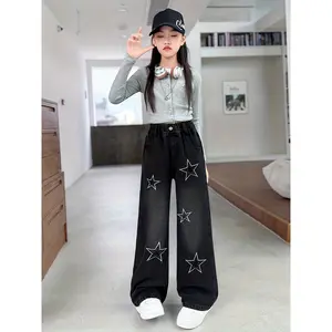 Girls' Black Wide-Leg Jeans with Star Embroidery - High-Waisted Loose-Fit Denim Pants, Elastic Waistband & Full-Length Leg Wide Legs Suitable for Girls 3-14 Years, Spring/Autumn Streetwear Casual Pants