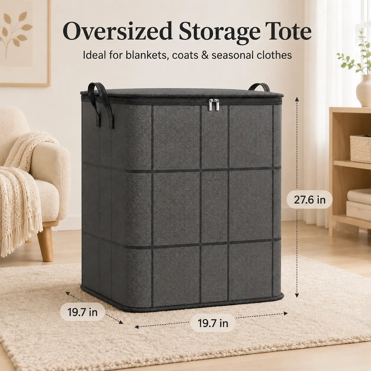 Oversized Storage Tote - Zippered Fabric Moving & Storage Bag for Home Supplies, Extra Large Room Organizer with Lightweight Fabric Design, Foldable Closet Bin That Organizes Packed Items (Comforters, Bedding, Sweaters, Clothes)