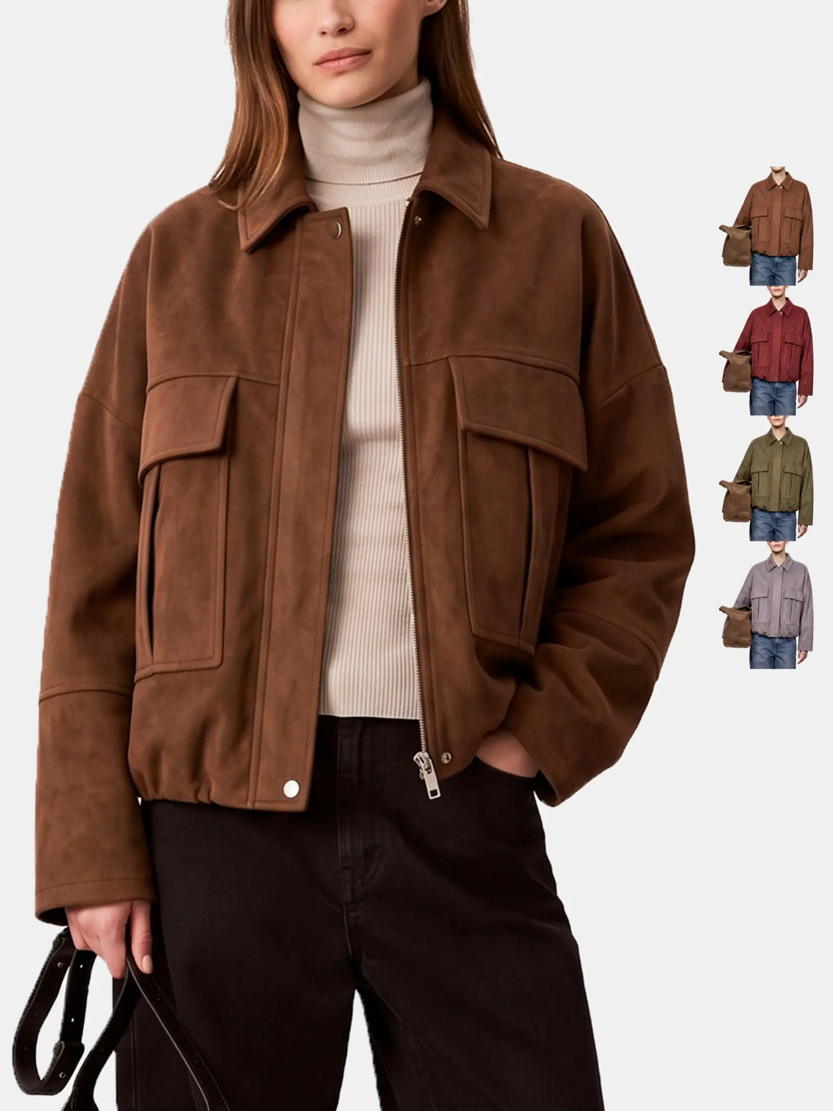 Zeagoo Women's Collared Neck Batwing Faux Suede Bomber Coat - Dark Brown, Vintage Minimalist Chic, Long Sleeve, Loose Cut, Warm Casual, Solid Plain, Zip-Up Front Jacket for Women Autumn Winter Outerwear