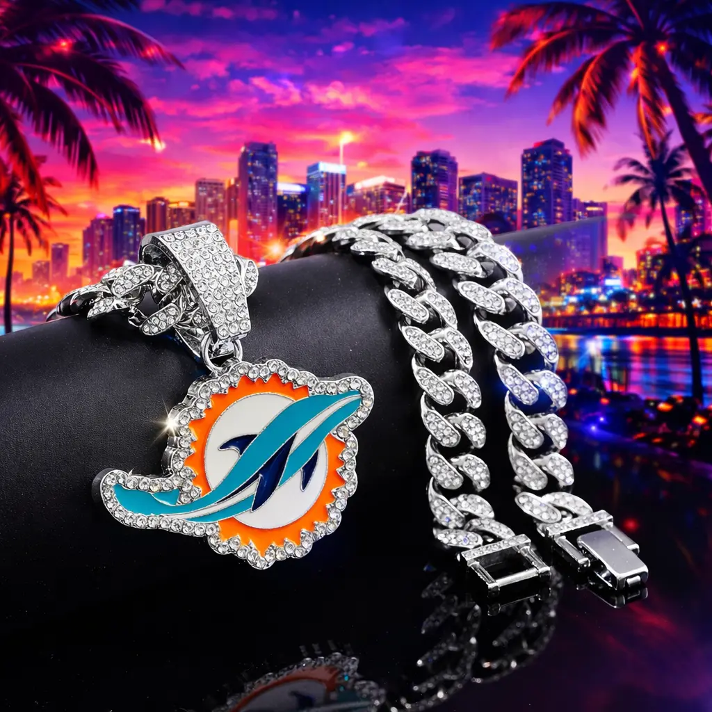Football Dolphin Charm Necklace | Iced-Out Cuban Link Chain | Fan Style Hip Hop Jewelry necklaces  men