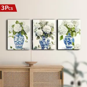 Hydrangea Flower Vase Pattern Unframed Painting, 3 Counts/set Flower Pattern Canvas Wall Art, Wall Decor for Home Living Room Bedroom, Ornaments