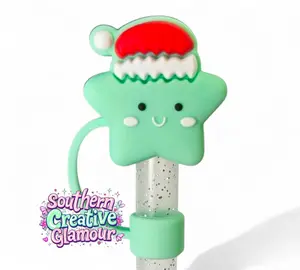 Christmas Star Silicone 10mm Straw Topper  - Seafoam Green