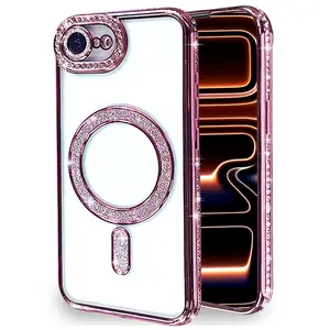 Magnetic Glitter Diamond for iPhone 16E 17E SE4 Case Shiny Rhinestone Camera Lens Protector Bling Clear Slim Case