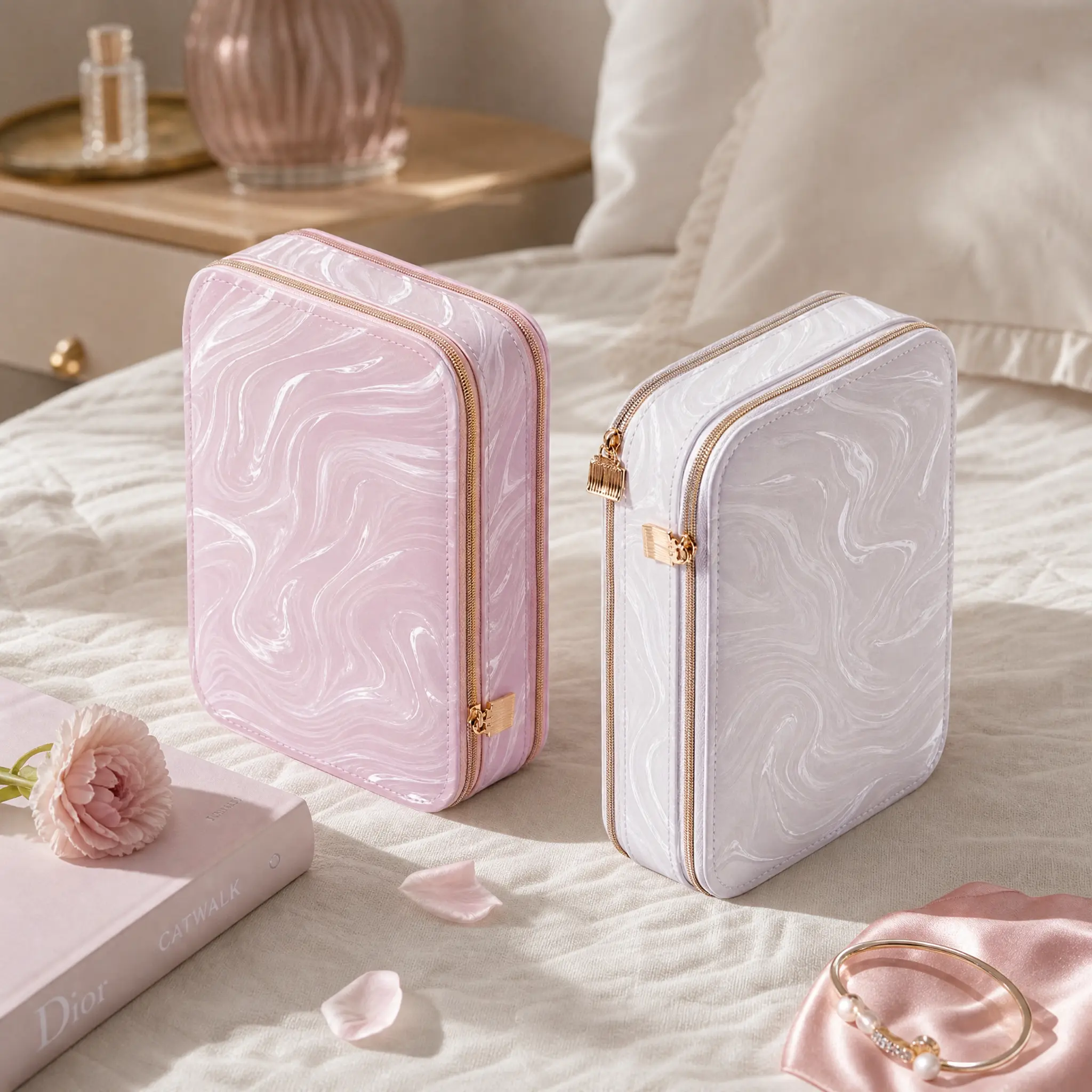 Casegrace 2-Layer Compartment Double Zipper Travel Jewelry Box, Marble Pattern Vegan Plant-Based PU Leather Large Capacity Jewelry Organizer for Rings Earrings Bracelets, Smooth Storage Gift Box for Women & Girls