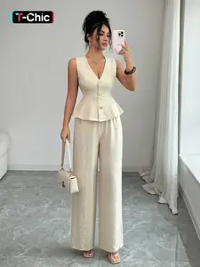 Pure Color Hidden Texture Sleeveless Deep V Neck Cinched Vest with Wide Leg Pants, Casual Commuter Set, Fitted Long Regular Fit