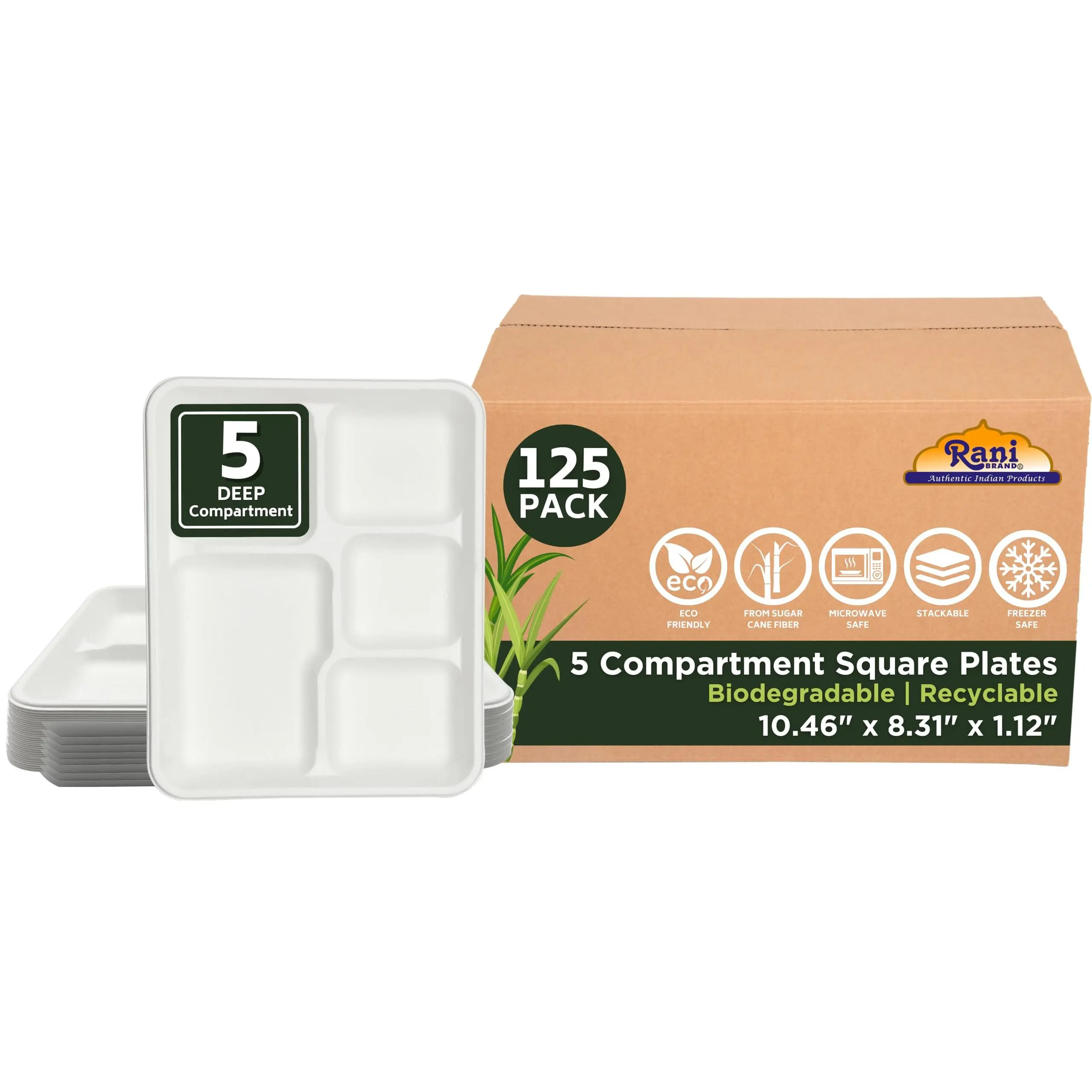 Rani 5 Deep Compartment Square Biodegradable Divided Plates, Pack of 125 ~ Party, Thali, Buffet | Disposable & Eco-Friendly | Heavy-Duty Sturdy Paper Bagasse | Premium Quality | 10.46" x 8.31" x 1.12"