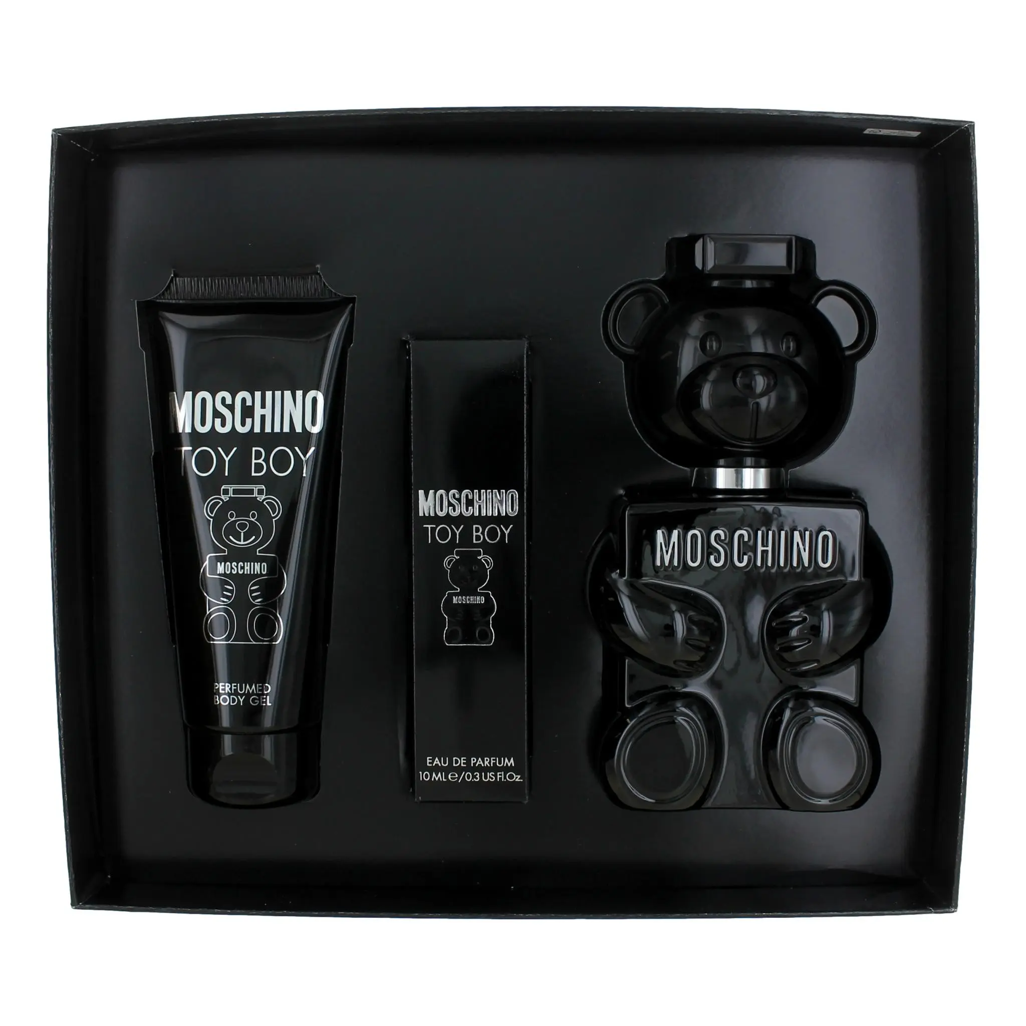Moschino Toy Boy by Moschino, 3 Piece Gift Set for Men, Amber, Wood, Citrus, Spicy, Body Gel