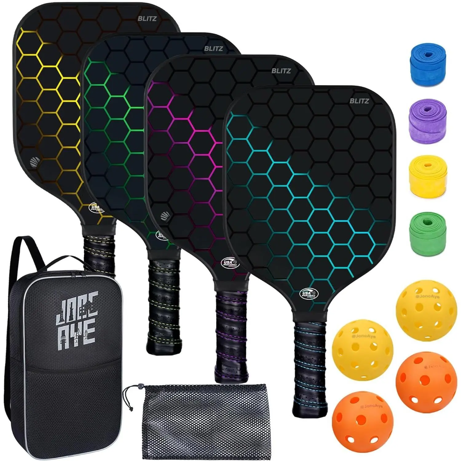 Pickleball Paddles Set of 4 or 2, USAPA Approved Fiberglass Rackets with Outdoor Indoor Balls, Bag, Overgrip, Lightweight for Family, Professional Equipment for Beginners Intermediate