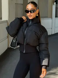 Women's Short Cotton Long Sleeve Casual Fitted Jacket, High Neck Zipper Padded Coat, Warm Plush Lightweight Winter Outerwear, Essential Layered Casual Clothing, Womenswear