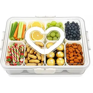 Divided Snack Serving Tray with Lid and Handle travel Snackle Box Charcuterie Container Portable Storage Organizer for Candy Divided Serving Tray with Lid for Fruits, Snacks, Sauces & More