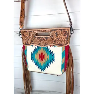 Turquoise Red Tan Diamond Wool Leather Handle Fringe Bag