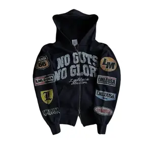 Y2K American High Street Fashion Oversized Hoodie - Retro Letter Print Zipper Jacket - Casual Loose Sweatshirt for Men and Women