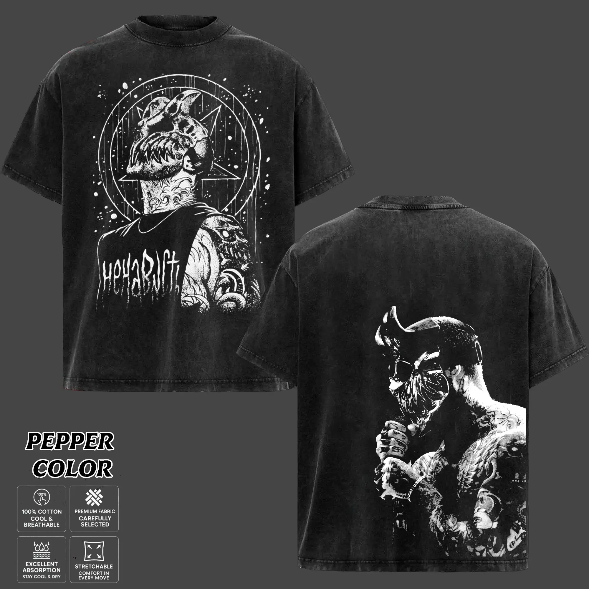 Grizzly Mask Graphic T-Shirt, Vintage Washed Heavy Cotton Oversized Fit, Short Sleeve Deathcore Music Merch for Men, Casual Gothic Streetwear, Shortsleeve, Menswear, Round Neck, Top, Breathable Cotton, Inclusive S-4Xl, Skull Demon Print, Unisex Oversize,,