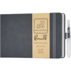 Leather Cover Watercolor Sketchbook, 9"x5.5" Journal, 300gsm Cold Press Cotton Paper (24 Sheets/48 Pages), Perfect Watercolor Journal for Markers, Pastels, DarkGrey