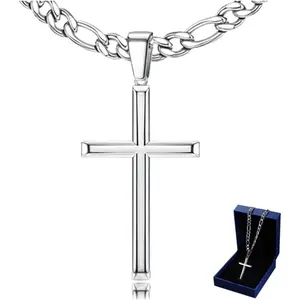 Zelores 1 Pc Beveled Edge 925 Sterling Silver Cross Necklace for Men & Women, Durable Stainless Steel Figaro Chain & Square Rollo Chain, Cross Pendant Necklace 16-28 Inches, Fashion Party Birthday Christmas Gift