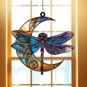 Glossy Dragonfly-on-Moon Acrylic Suncatcher with Metal Accents - Christmas Ornaments Tree Decor, Colorful Light-Reflective Hangable Celestial Window Garden Decoration for Enthusiasts