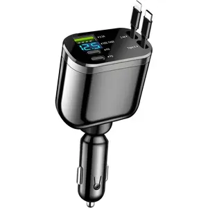 Retractable Car Charger, 4 in 1 Super Fast Vehicle Phone Charger Adapter, Auto Cellphone Charging Accessories with Dual Type C Cables & 2 USB Ports, Universal for SUV, Sedan, Truck