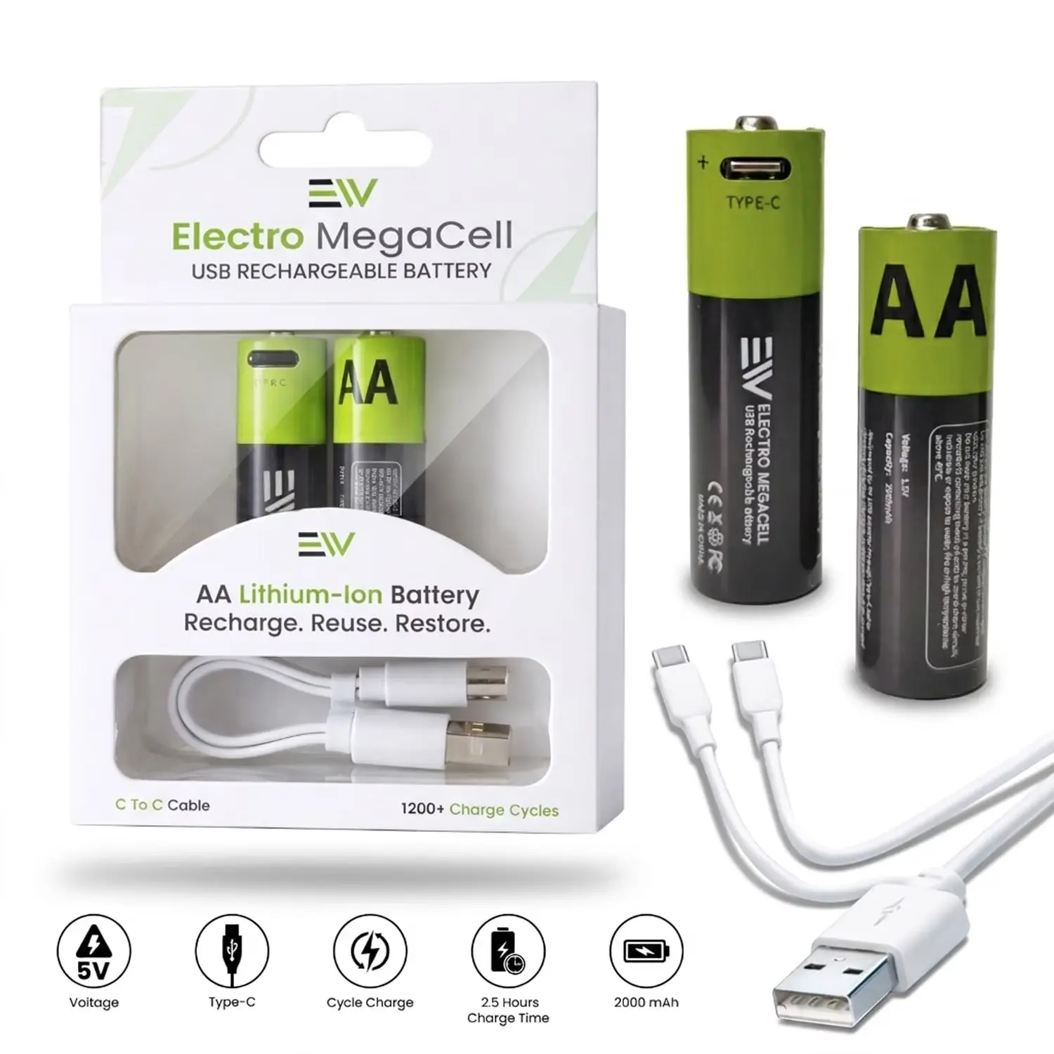 AA Rechargeable Lithium-Ion Batteries - 1.5V, 2000mAh, 2-Pack for Toys, Cameras, Office Accessories, Clocks