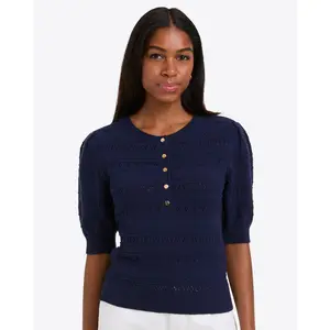 Annabelle Short-Sleeve Sweater in Navy Pointelle