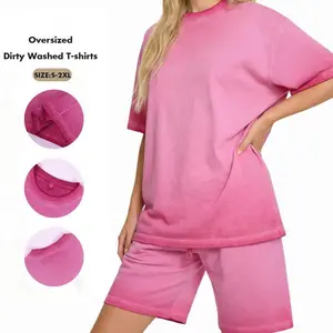 Unisex Tshirt & Shorts Set Summer Washed Cotton Dirty Washed Trendy Gradient Color Men's and Women's Suits, Short-sleeved Tops Paired with Shorts, Retro Couple Outfits