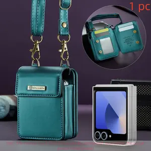 Me50 Mini Universal Case for Samsung Zflip, Motorola Fold Phones, 5 Card Slots + Flip Cover, Rfid Shielded Leather Strap, Smartphone Protection