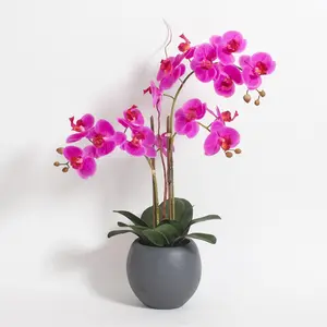Faux Pink Orchid Plant, Premium Artificial Indoor Flower Display Stands 25-Inches with Beautiful Sculptural Blooms and Foliage That Lasts Forever, Grey Planter Pot Included