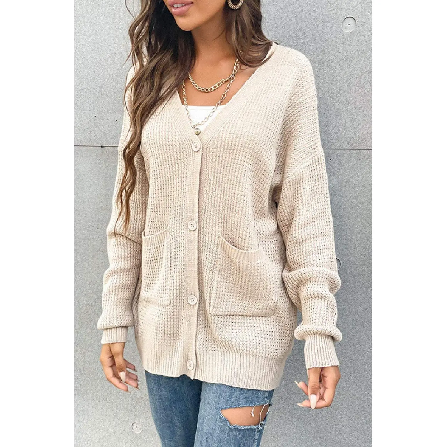 Button Front Drop Shoulder Waffle Cardigan