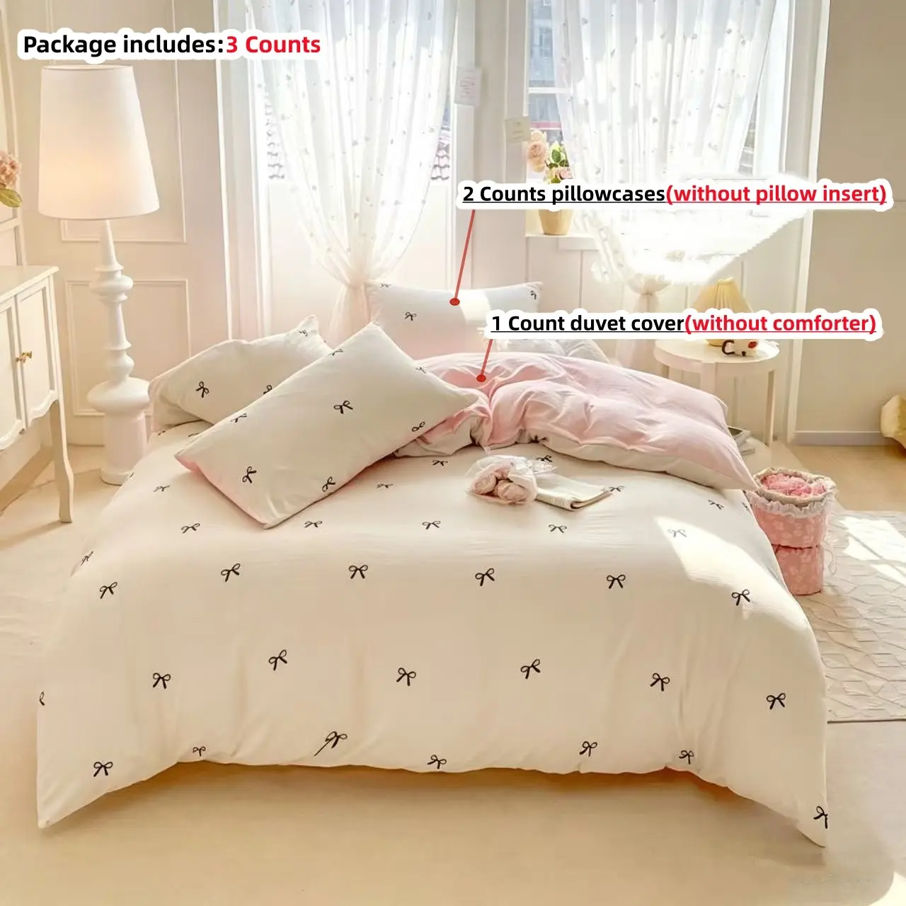 3-piece bow tie bedding set, Comfy Bedding Sets, 1pc duvet cover + 2pc pillowcases, without comforter and pillow insert, 100% polyester fabric, suitable for Single, Twin, Double, Queen sizes, all seasons, machine washable