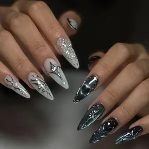 Gothic Chrome Black Press On Nails | 3D Chrome and Black Fake Nails | Edgy Chrome and Black Nail Art | Dark Glam False Nails
