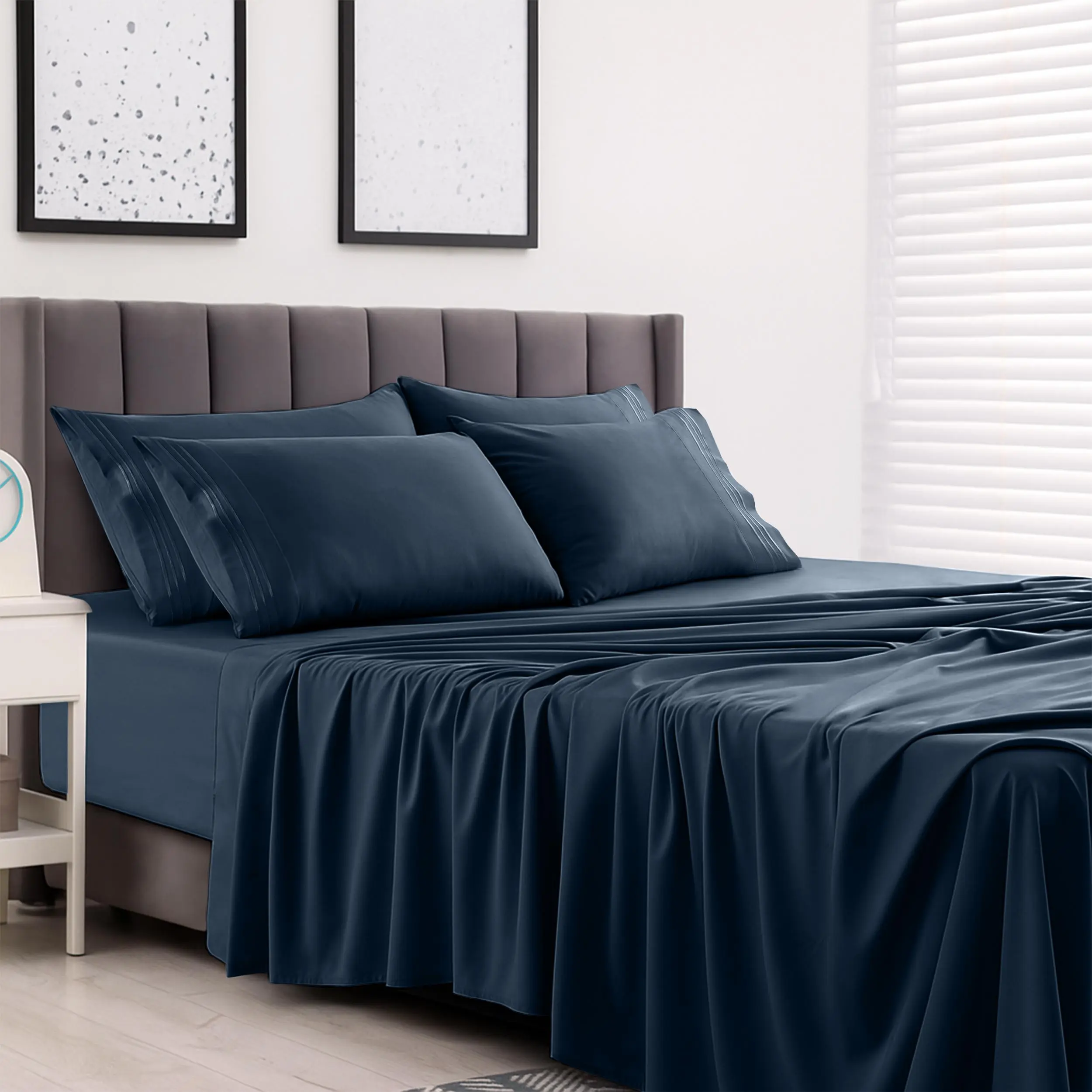 6Pc Solid Queen Navy Blue Embroidered Bedsheet Set