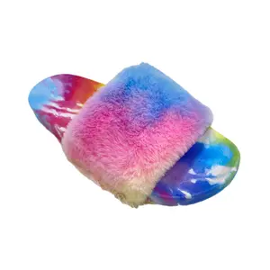 Women's Faux Fur Slides Slippers Rainbow Design Fluffy Fuzzy Sandals Flip Flop Indoor Outdoor Open Toe Furry Slide Girl Flipflop Walking Shoes Footwear Comfort