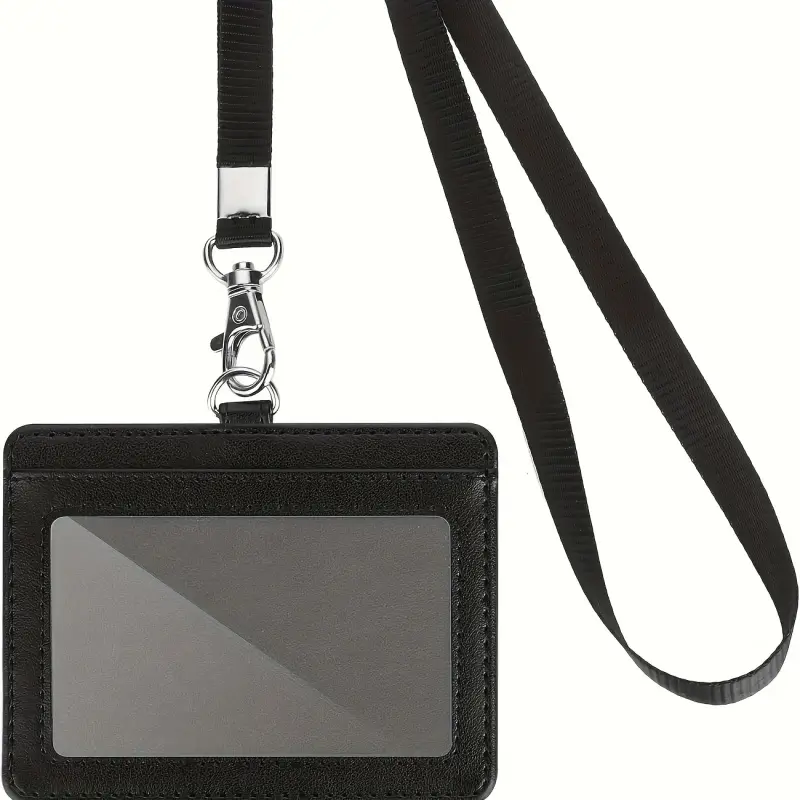 2pcs (1pc card holder + 1pc lanyard) PU leather stand with rope - horizontal Id Card Holder, Id Badge Holder, Id Holders For Badges for work, office, student campus, exhibitions, IC cards, buses and subways
