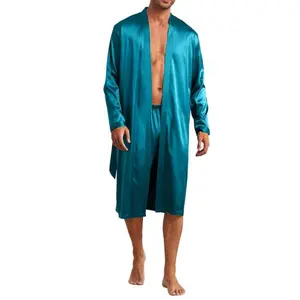 Men's Simple Style Casual Pajamas Sets, Men's Comfy Solid Robe, Elegant Lace Up Robe & Loose Shorts Home Pajamas Sets Loungewear Menswear