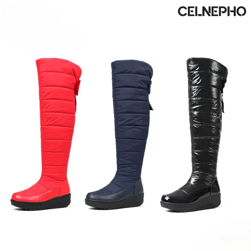 CELNEPHO Over the Knee Snow Boots for Women Round Toe Wedge Heel Thick Sole Cozy Warm Velvet Lined Side Zipper Closure Bow Knot Design Comfy Easy Pull On Outdoor Work Casual Gifts Party Walking Vacation Hiking Fashion Fall Winter Puffer Long Tall Boots