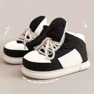 Women's Casual Winter Slide Slippers - Comfortable Soft Fabric Upper, PVC Sole, Full-Coverage, Color Block Design, Round Toe, Indoor-Use Shoe, TZ-27122
