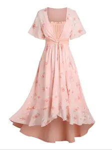 【Plus Size】 Floral Print Frill Trim Dress, Boho Casual Fashion Boho Ruffle Hem Cute Short Sleeve Dress for Beach Holiday Vacation, Women's Clothes for All Seasons, Womenswear, Summer Clothes Women