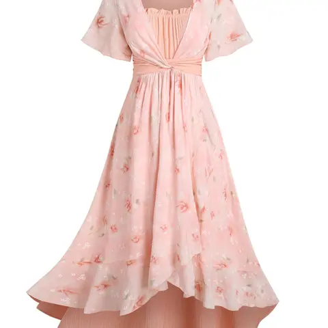 【Plus Size】Floral Print Frill Trim Dress, Boho Casual Ruffle Hem Short Sleeve Dress for Beach Holiday Vacation, Women's Clothes for All Seasons, Casual Boho Style, Bohemian Summer Dresses