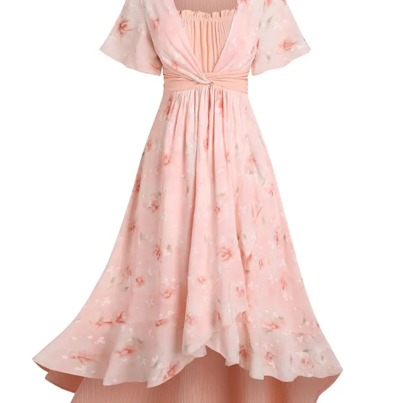 【Plus Size】Floral Print Frill Trim Dress, Boho Casual Ruffle Hem Short Sleeve Dress for Beach Holiday Vacation, Women's Clothes for All Seasons, Casual Boho Style, Bohemian Summer Dresses