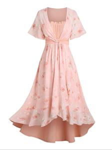 【plus size】 floral print frill trim dress, boho casual fashion cute short sleeve dress for beach holiday vacation, women's clothes for all seasons, womenswear, summer clothes women