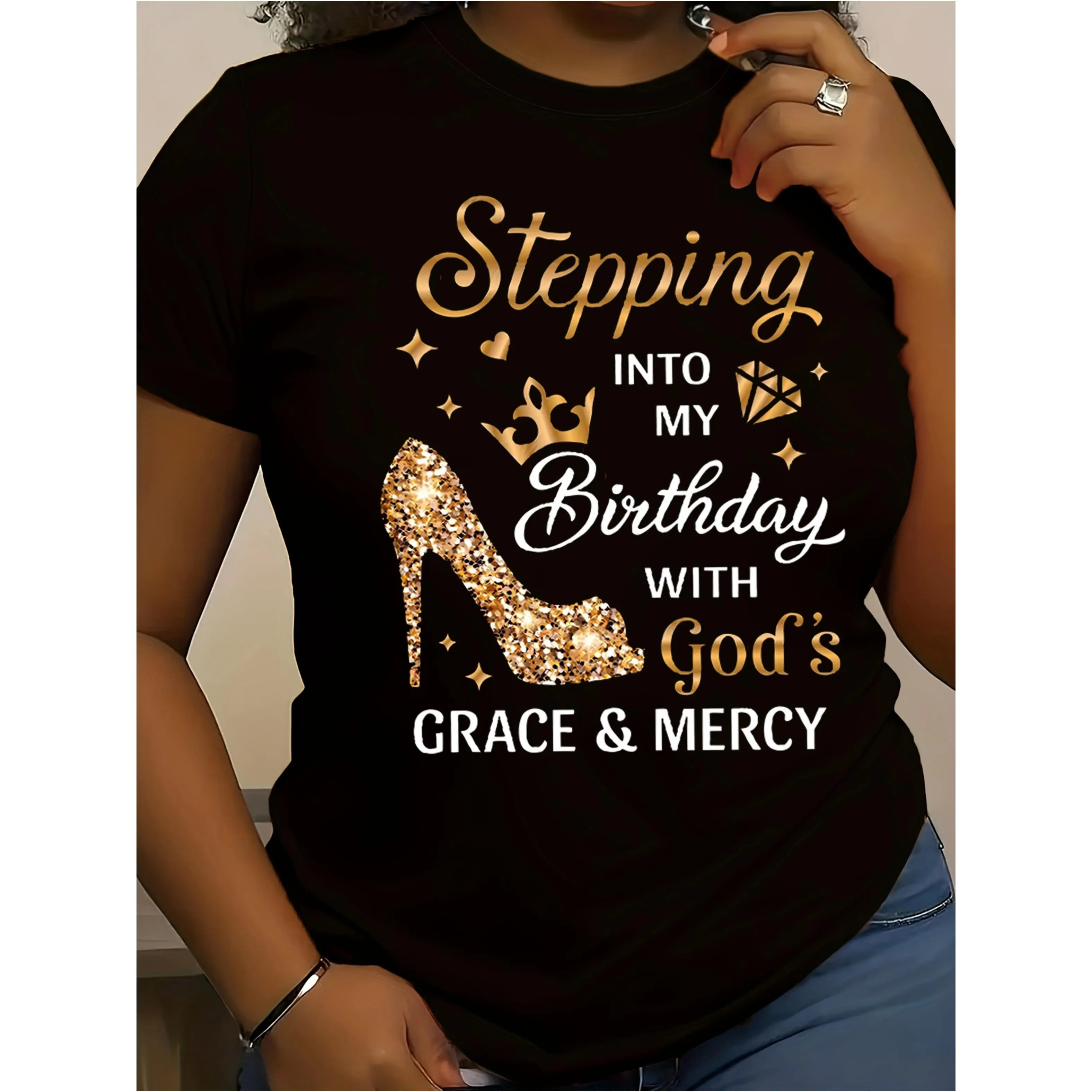 Women'S Birthday Celebration T-Shirt - "Stepping into My Birthday with God'S Grace & Mercy" Golden Glittery Text - White Casual Everyday & Party Top - All-Season Comfort Fit Tee for Women - Birthday Party Outfit Idea, Festive Attire
