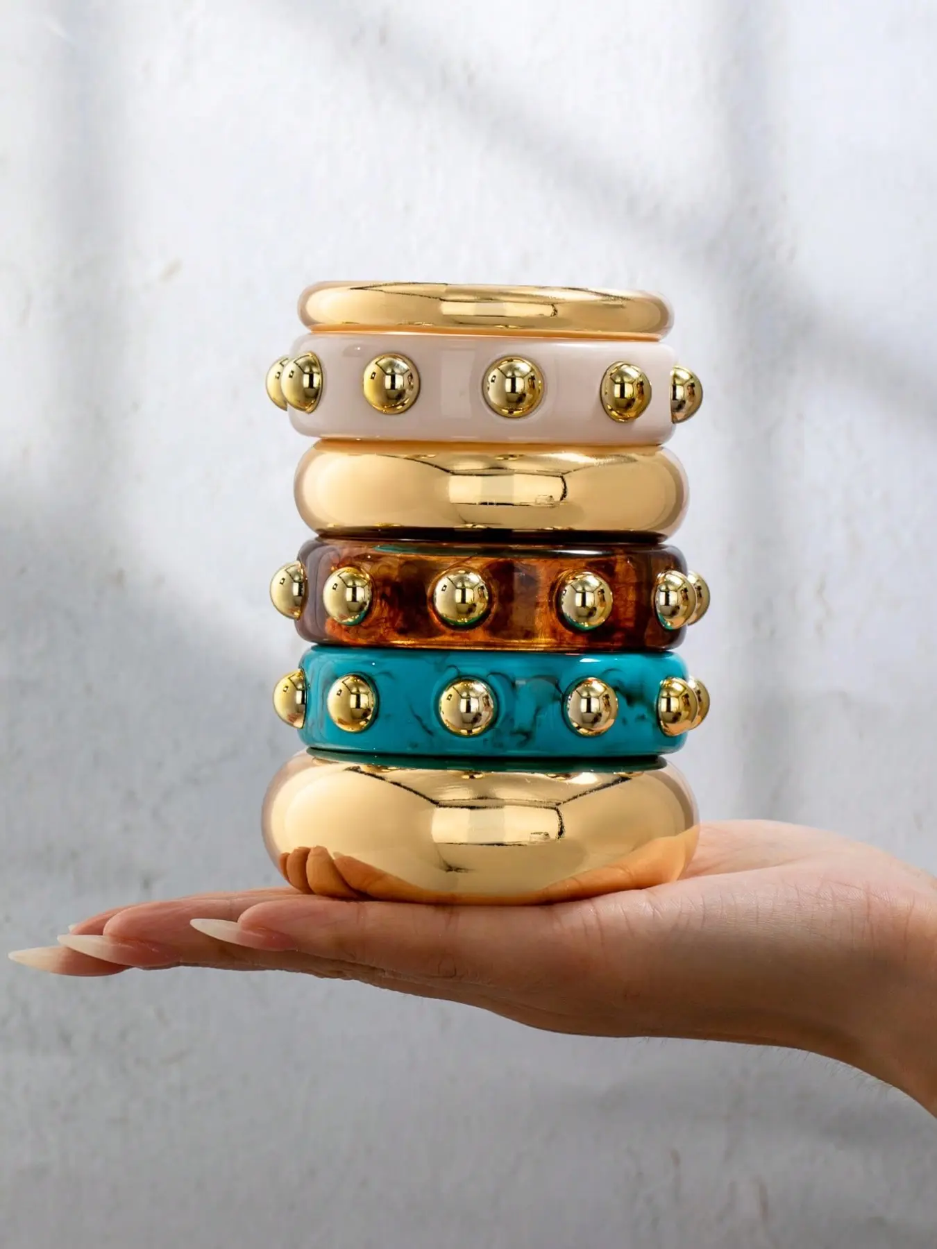 Women's 6-Piece Resin Cuff Bracelet Set, Minimalist Design Metal Bangle Jewelry, Trendy Daily Wear Accessories, Stackable Bracelet, Fashionable Bangle, Bracelets Jewelry, Stacking Bangles