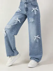 Girls' Denim Jeans with Ripped Bow Design, High-Waisted Loose Fit Jeans, Washed Vintage Look, Trendy Casual Wear