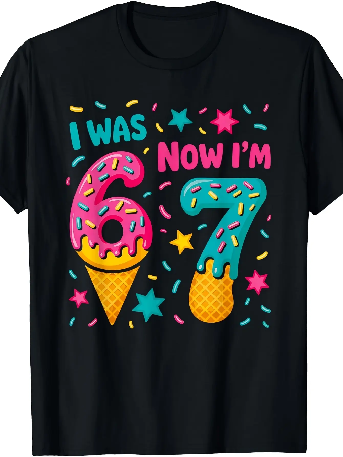 7Th Birthday T-Shirt |   I'M 6 Years Old, Now I'M 7 - Boys And Girls' Clothing for Ages 6 to 7, Features The Number 7 And Ice Pattern, Soft Round-Neck Party T-Shirt, Suitable for 7-Year-Old Boys And Girls, Casual Crew Neck Pullover with Short Sleeves