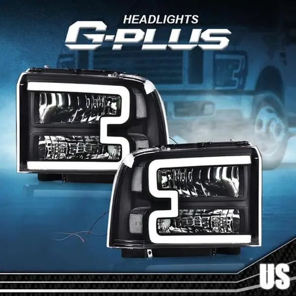 G-PLUS Bolt-On Complete Set Pair LED Daytime Running Light Headlight Assemblies for 2005-2007 Ford F250 F350 F450 F550 Super Duty, Clear/Black Car Exterior Upgrade