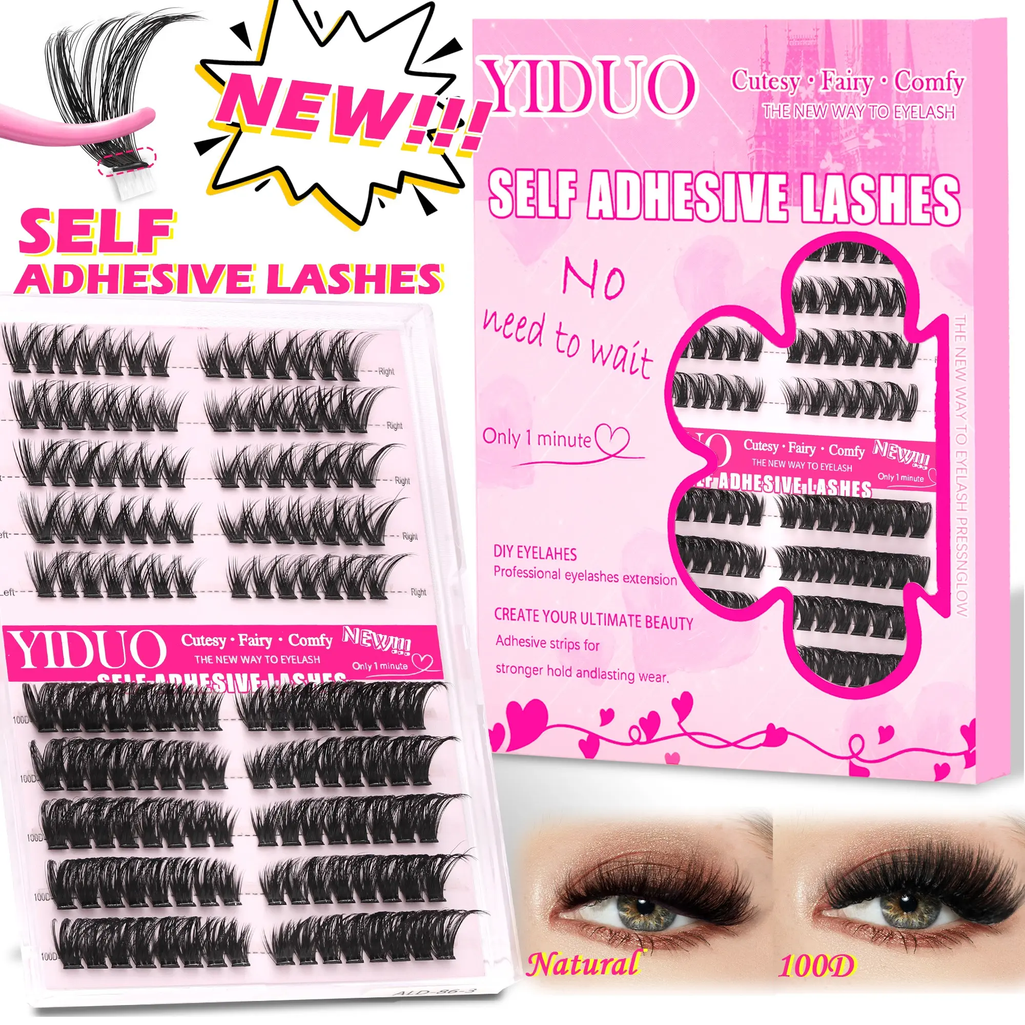 YIDUO 2 Styles Cat Eye Self-Adhesive Lash Clusters, Pre-Separated Left & Right Natural False Eyelashes & 100D Voluminous Press-On Lashes, Wispy Lash Extensions, C/D Curl Pre-Glued No Glue Needed, 1-Minute Easy DIY Eyelash Extensions Gift Pack