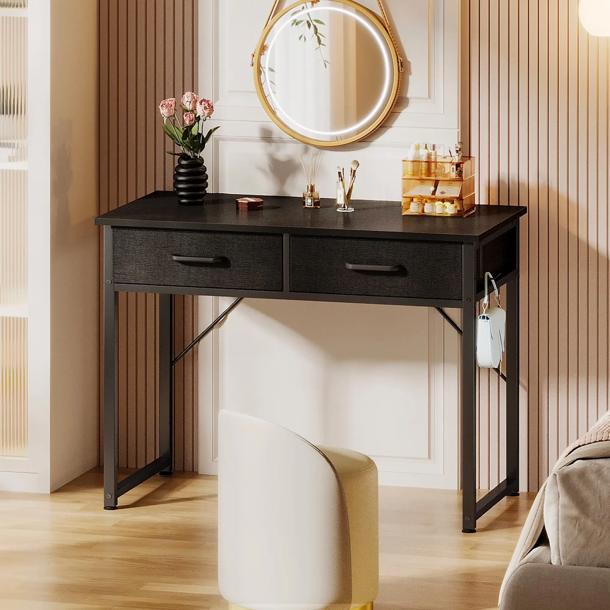 32 Inch Writing Desk with 2 Fabric Drawers, Modern Study Table with Storage, Small Computer Desk for Small Space, Home Office Desk